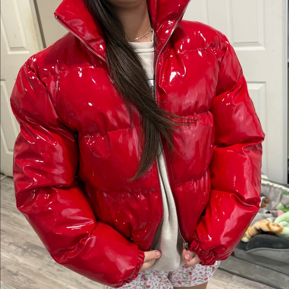 red cropped vinyl puffer coat